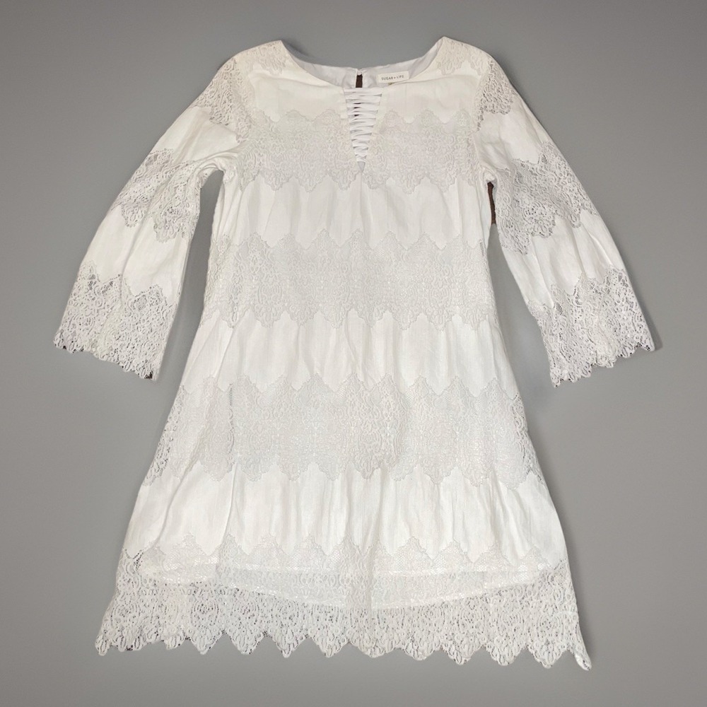 Sugar + Lipz (Sugar Lips) Ivory Lace Boho Tunic Dress Bell Sleeve Size Large